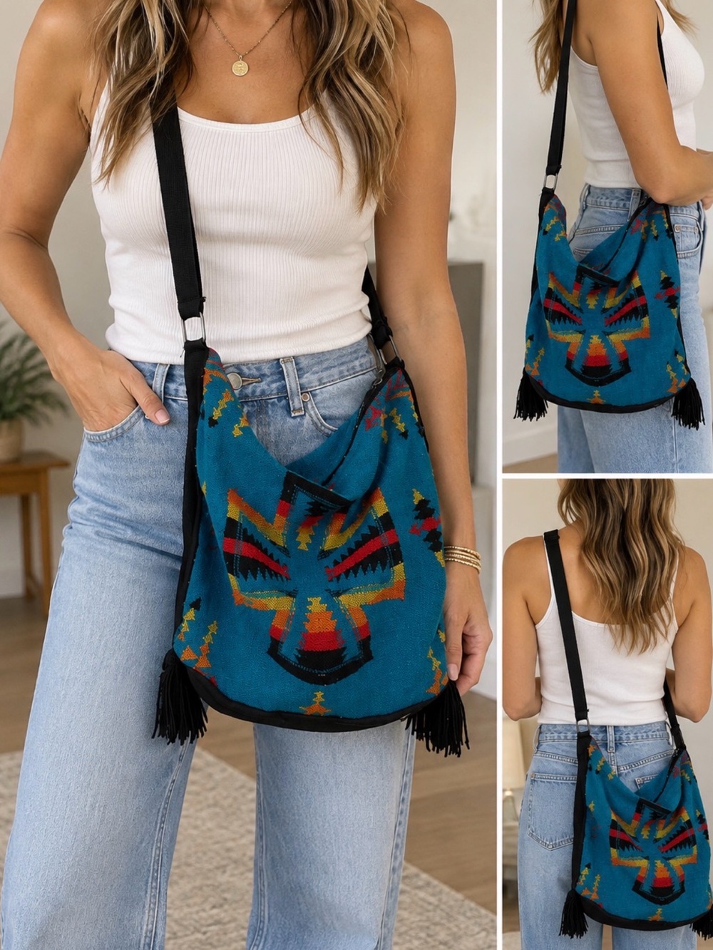 Teal Southwestern Tribal Crossbody Bag with Tassels